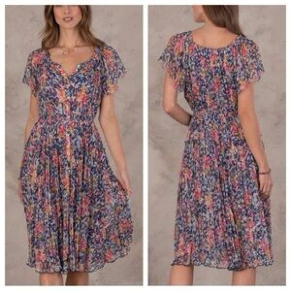 Sundance Blue Pink Midi Sundress with Flutter Sleeves